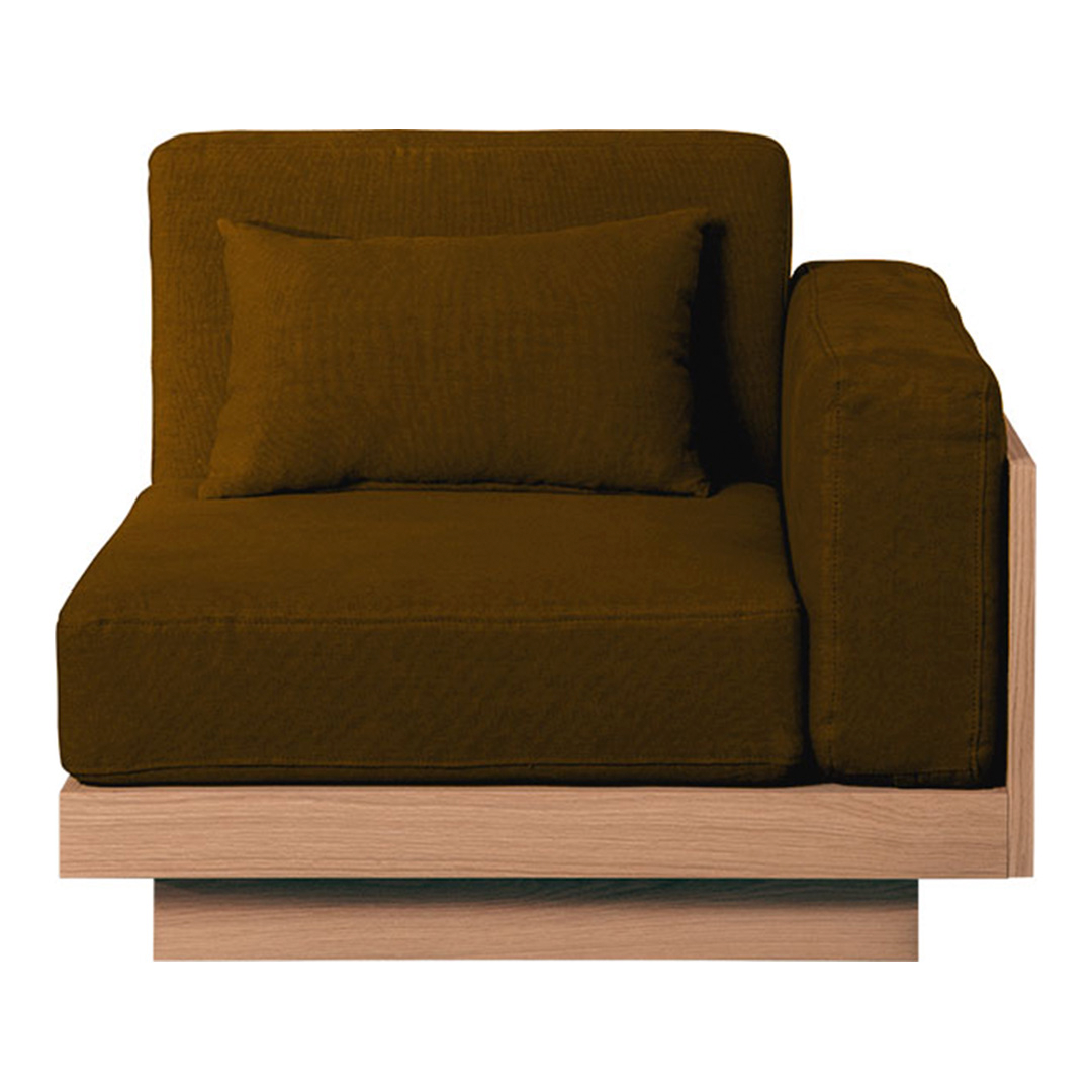Dark olive green upholstered chair with a matching cushion and a light wood base. Modern, minimalist design.