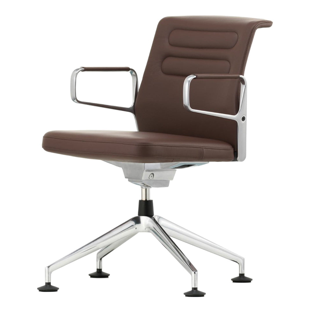 Modern brown leather chair with chrome accents and sleek, vertical ribbed pattern. Ideal for stylish office decor.