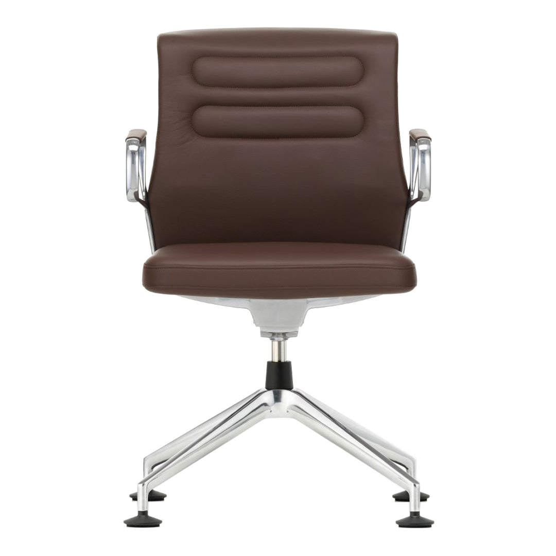 Brown leather office chair with subtle horizontal stitching and sleek chrome base, featuring a modern, minimalist design.