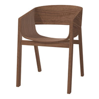 Brown wooden chair with a minimalist design and smooth, curved lines. Perfect for modern decor.
