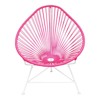 Bright pink Acapulco chair with a unique radial pattern and white metal legs. Ideal for vibrant outdoor decor.