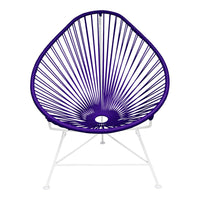 Purple Acapulco chair with a geometric pattern and white metal legs, perfect for modern decor.