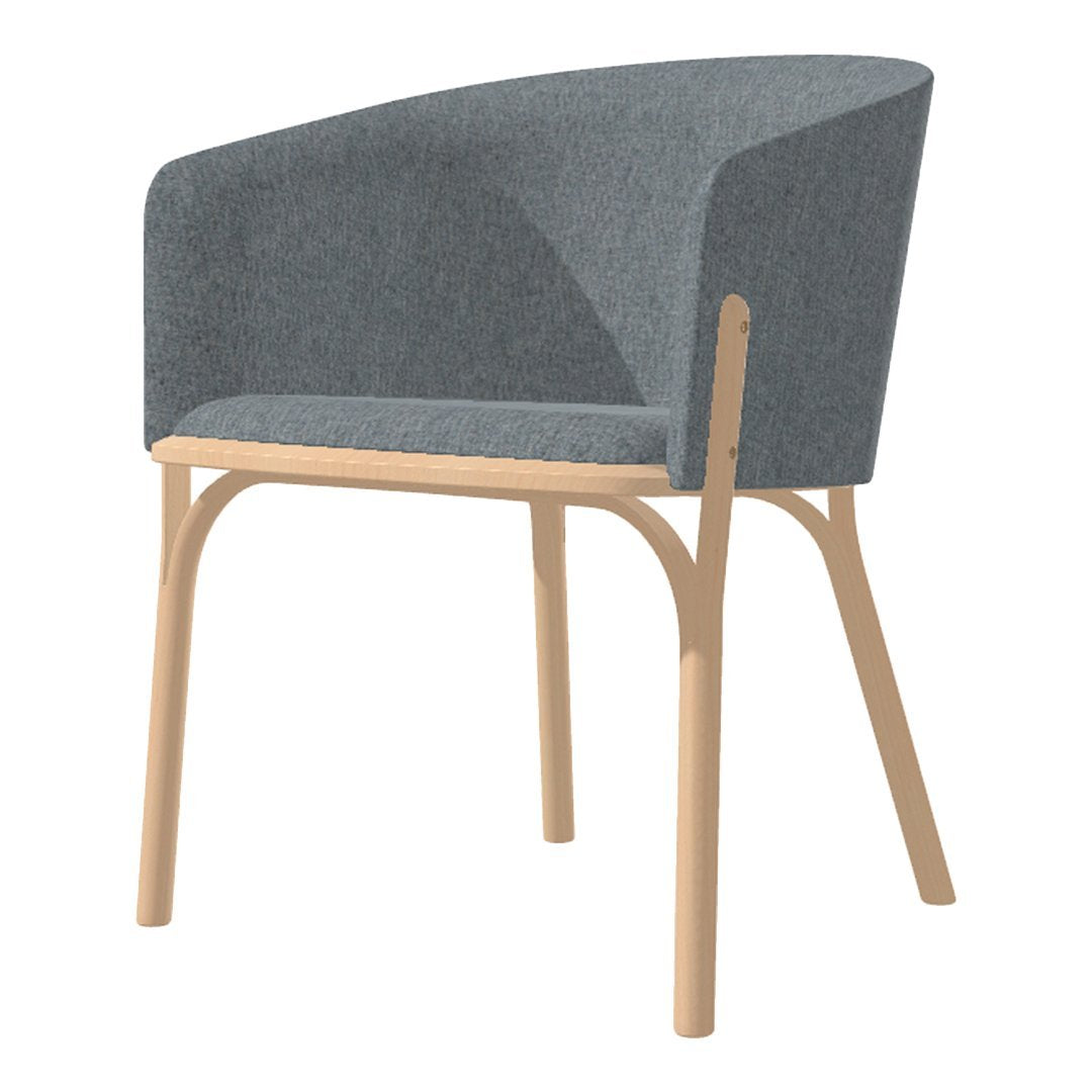Stylish gray upholstered chair with smooth wood legs, featuring a minimalist design and curved silhouette.