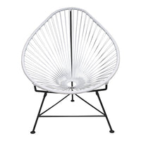 White woven chair with radial pattern on a black metal frame, showcasing modern and minimalist design.