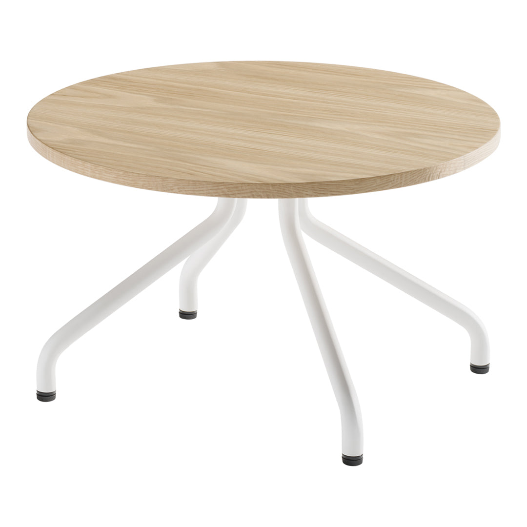 Round wooden coffee table with a light oak finish and white metal legs, creating a modern and minimalist design.