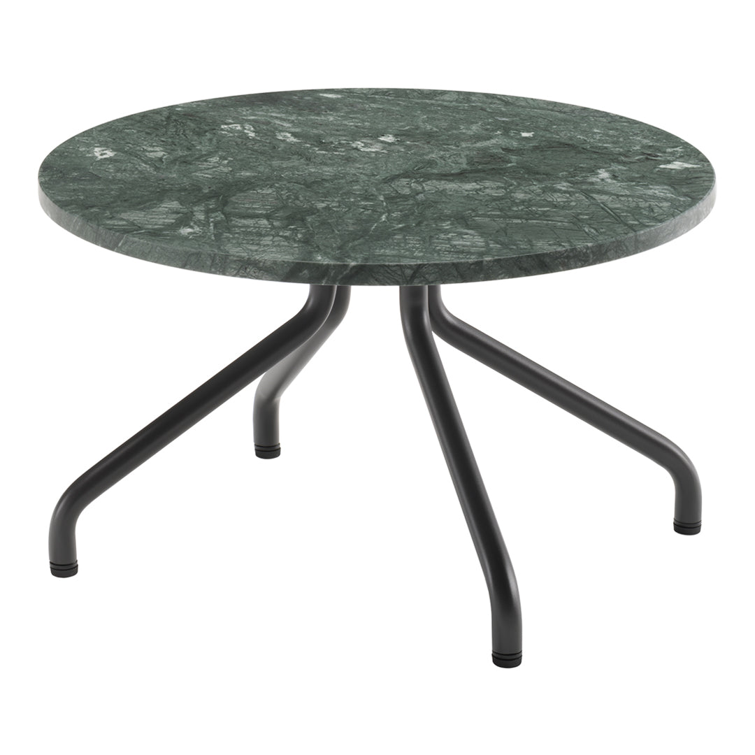 Round green marble table with a textured surface and sleek black metal legs. Ideal for modern interiors.