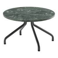 Round green marble table with a textured surface and sleek black metal legs. Ideal for modern interiors.