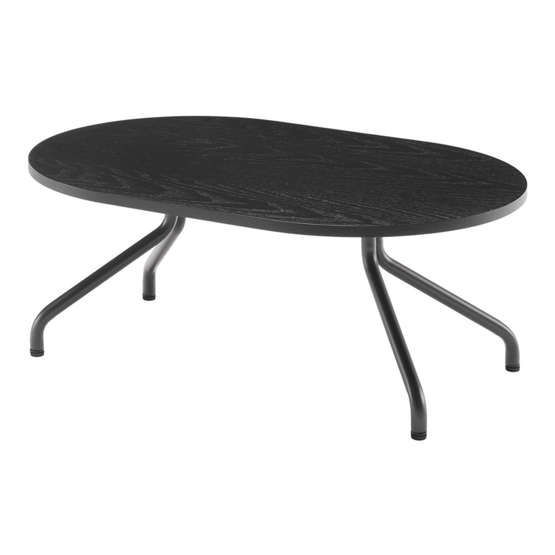 Black oval coffee table with sleek metal legs, featuring a smooth, solid surface and minimalist design.