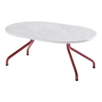 Oval coffee table with a white marble top and red metal legs, featuring a modern and minimalistic design.