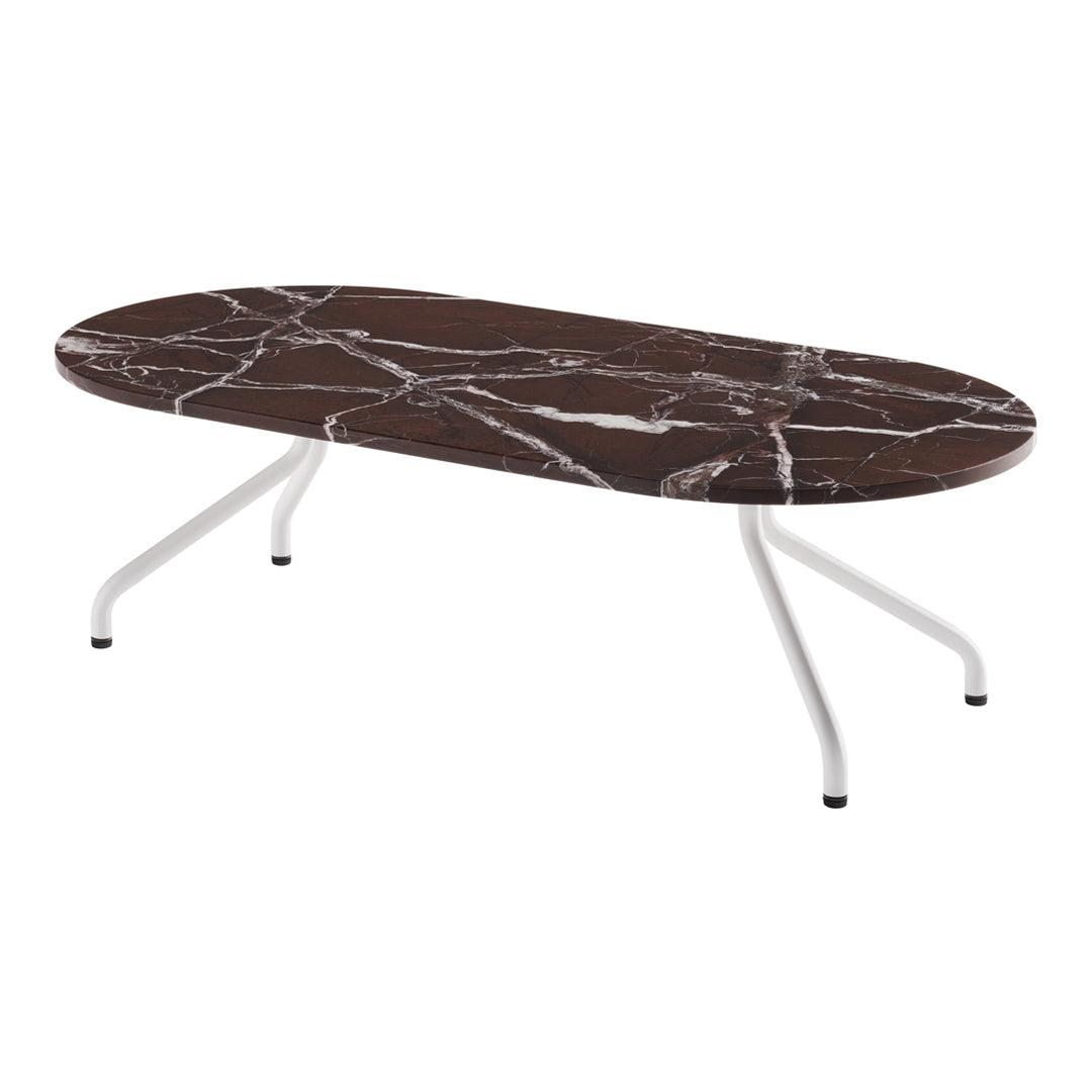 Brown oval coffee table with white marble pattern and sleek white legs. Elegant design for modern interiors.