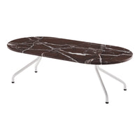 Brown oval coffee table with white marble pattern and sleek white legs. Elegant design for modern interiors.