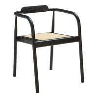 Black wooden chair with natural wicker seat, featuring a minimalist design and curved armrests.