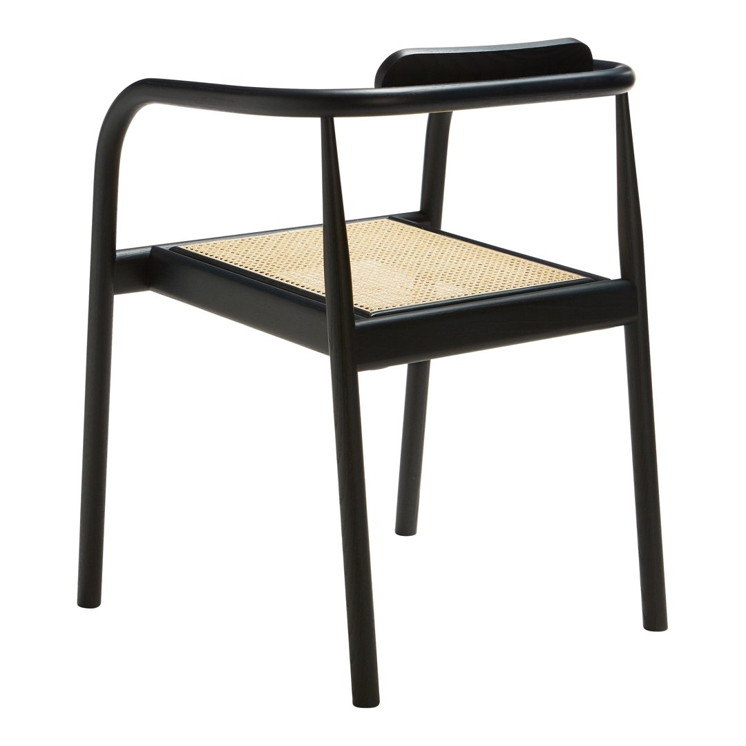 Black wooden chair with a natural cane seat, featuring a minimalist design and smooth curved lines.