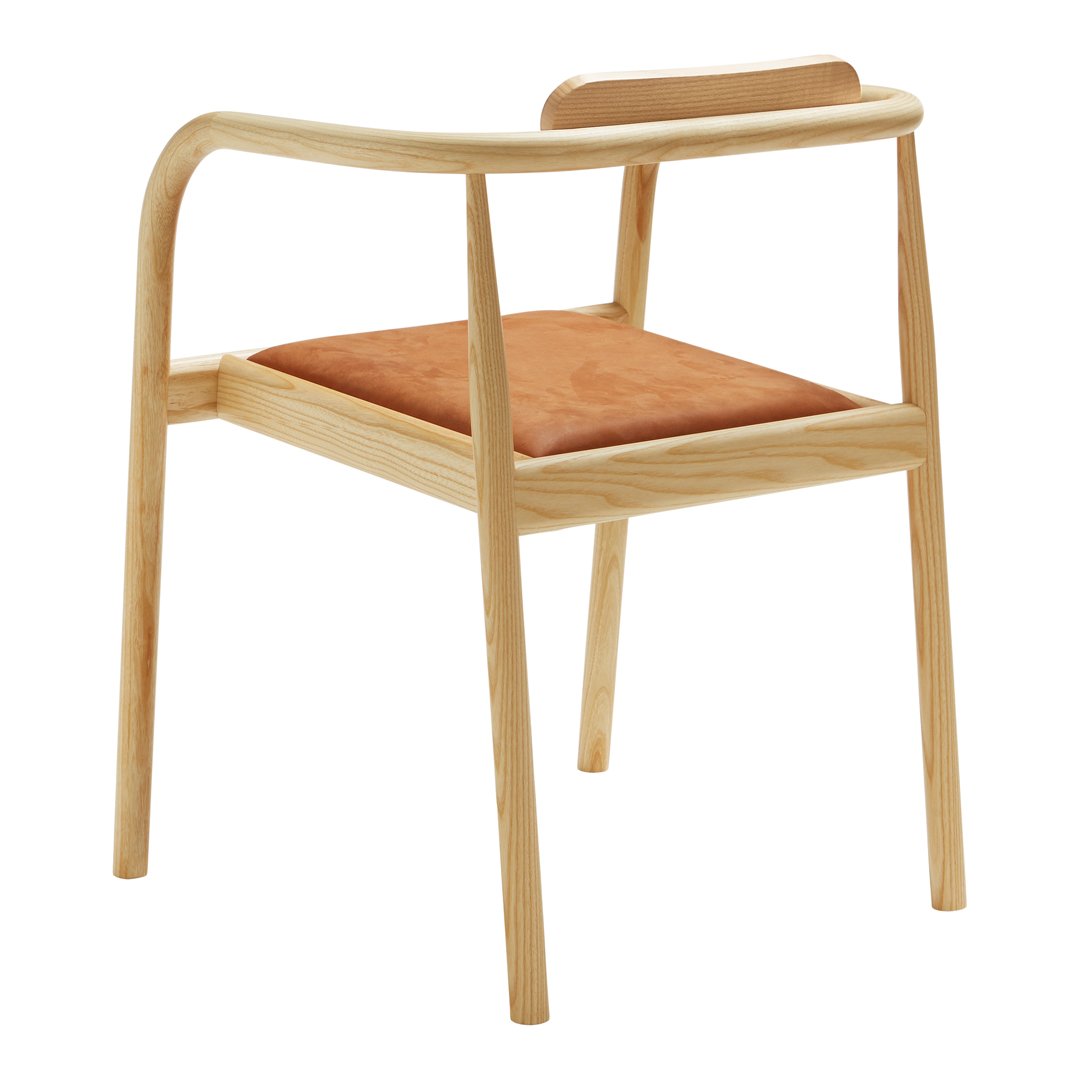 Natural wood chair with a sleek design and a warm orange seat cushion, showcasing minimalist style and earthy tones.