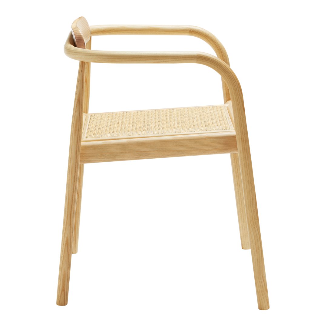 Natural wood chair with a light beige finish and woven cane seat, showcasing a minimalist design and smooth curves.