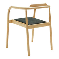Natural wood chair with a light finish and a dark green seat cushion, showcasing a minimalist design.