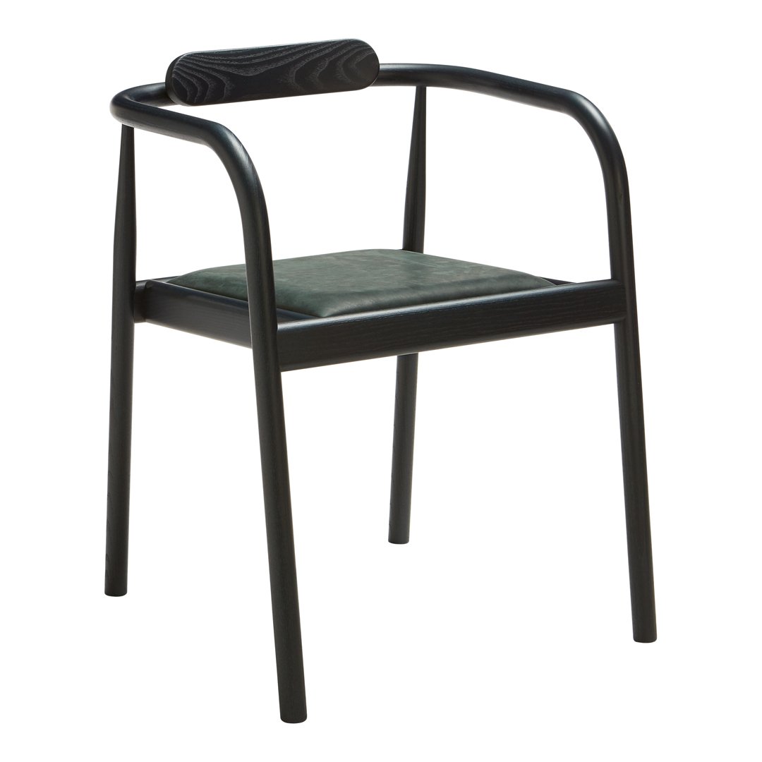 Black frame chair with a textured green seat, minimalistic design, perfect for modern interiors.
