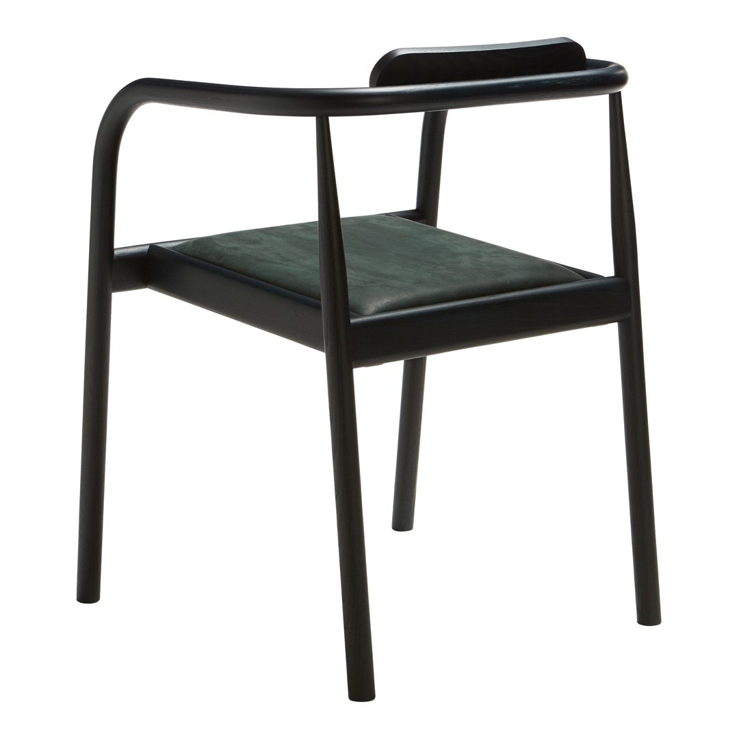Modern black chair with a sleek curved design and a matte finish, featuring a solid green seat for added contrast.