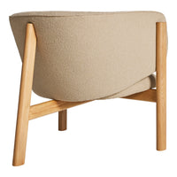 Beige upholstered chair with a smooth, curved back and natural wood legs. Elegant and minimalist design.