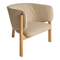 Beige upholstered armchair with a smooth texture and natural wood legs, showcasing a minimalist design.