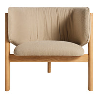 Beige upholstered chair with a textured fabric and natural wood frame, perfect for a minimalist interior design.