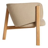 Beige upholstered chair with a textured fabric and natural wood legs, featuring a modern, minimalist design.
