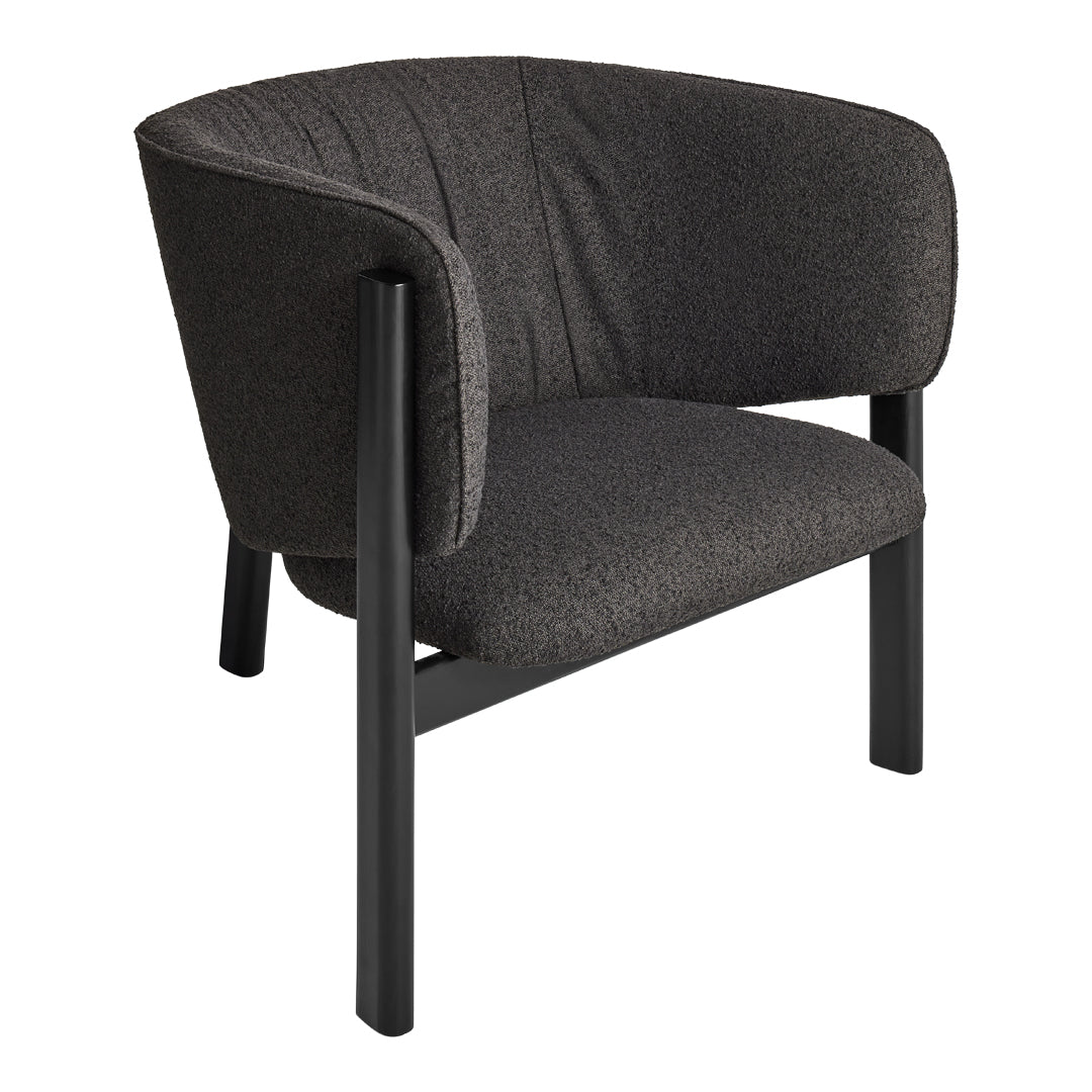 Modern armchair in dark gray fabric with a textured pattern and sleek black legs. Perfect for contemporary interiors.