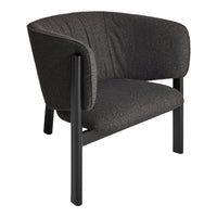 Modern armchair in dark gray fabric with a textured pattern and sleek black legs. Perfect for contemporary interiors.