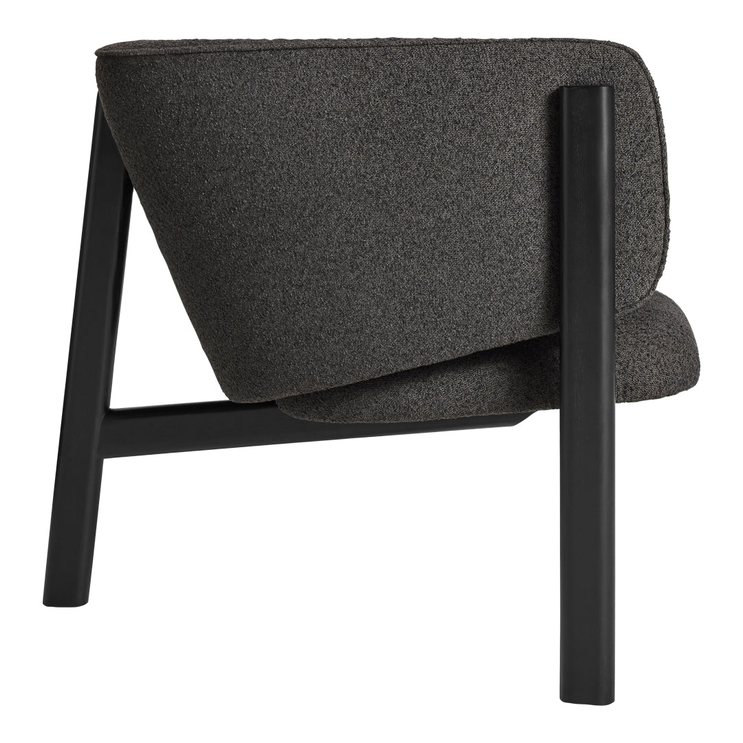 Modern black chair with a textured dark gray upholstery and sleek black legs, featuring a minimalist design.