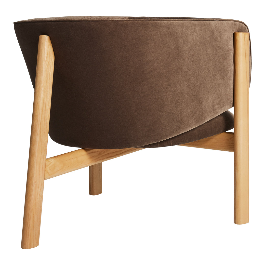 Brown upholstered chair with smooth texture and wooden legs, featuring a sleek, modern design.
