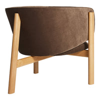 Brown upholstered chair with smooth texture and wooden legs, featuring a sleek, modern design.