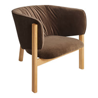 Brown velvet armchair with wooden legs, featuring a curved back and minimalist design. Perfect for modern interiors.
