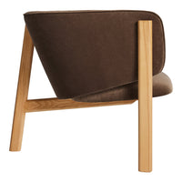 Brown upholstered chair with a smooth texture, featuring a minimalist design and natural wood legs.