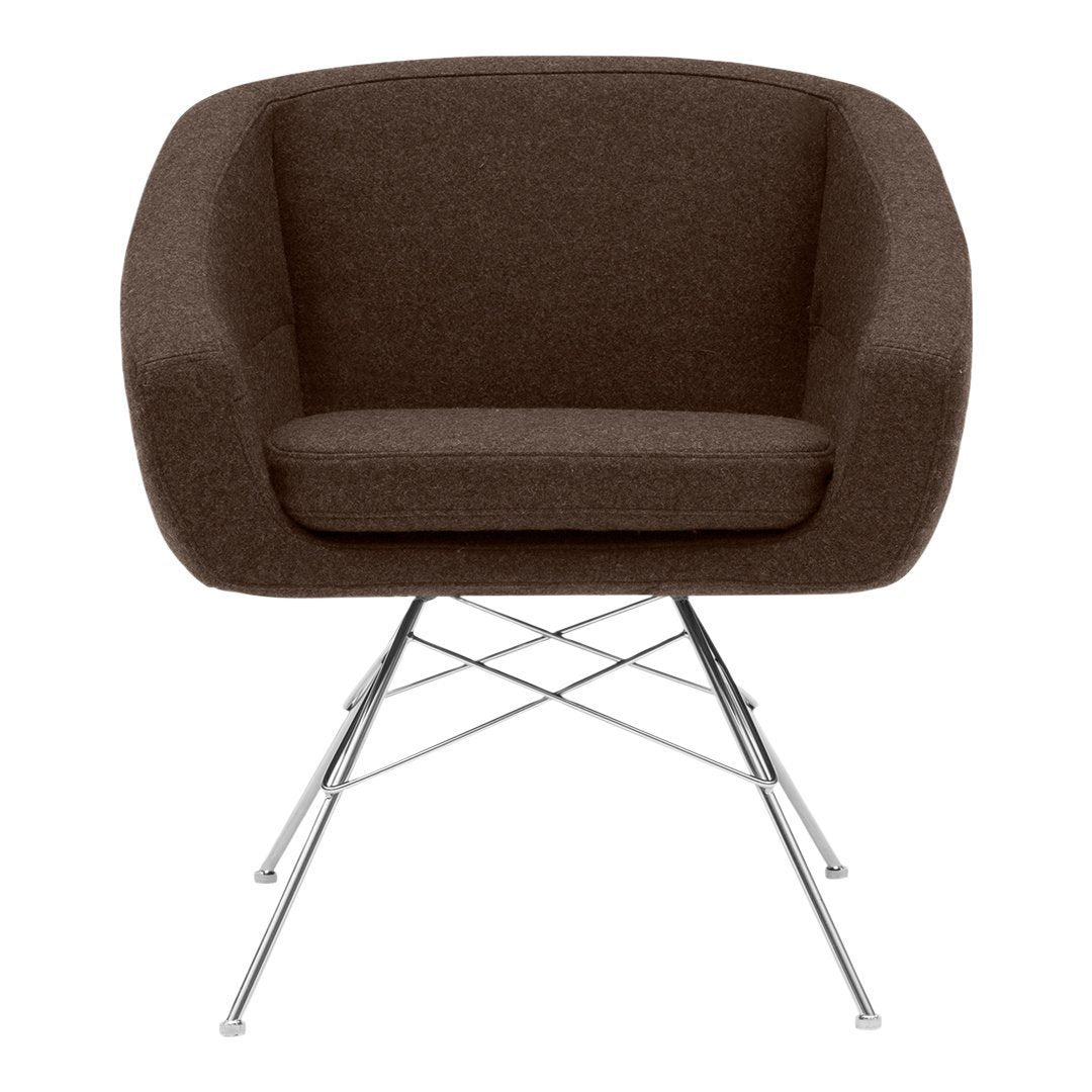 Brown, upholstered armchair with a smooth, modern design and sleek chrome legs. Ideal for contemporary interiors.