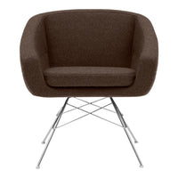 Brown, upholstered armchair with a smooth, modern design and sleek chrome legs. Ideal for contemporary interiors.