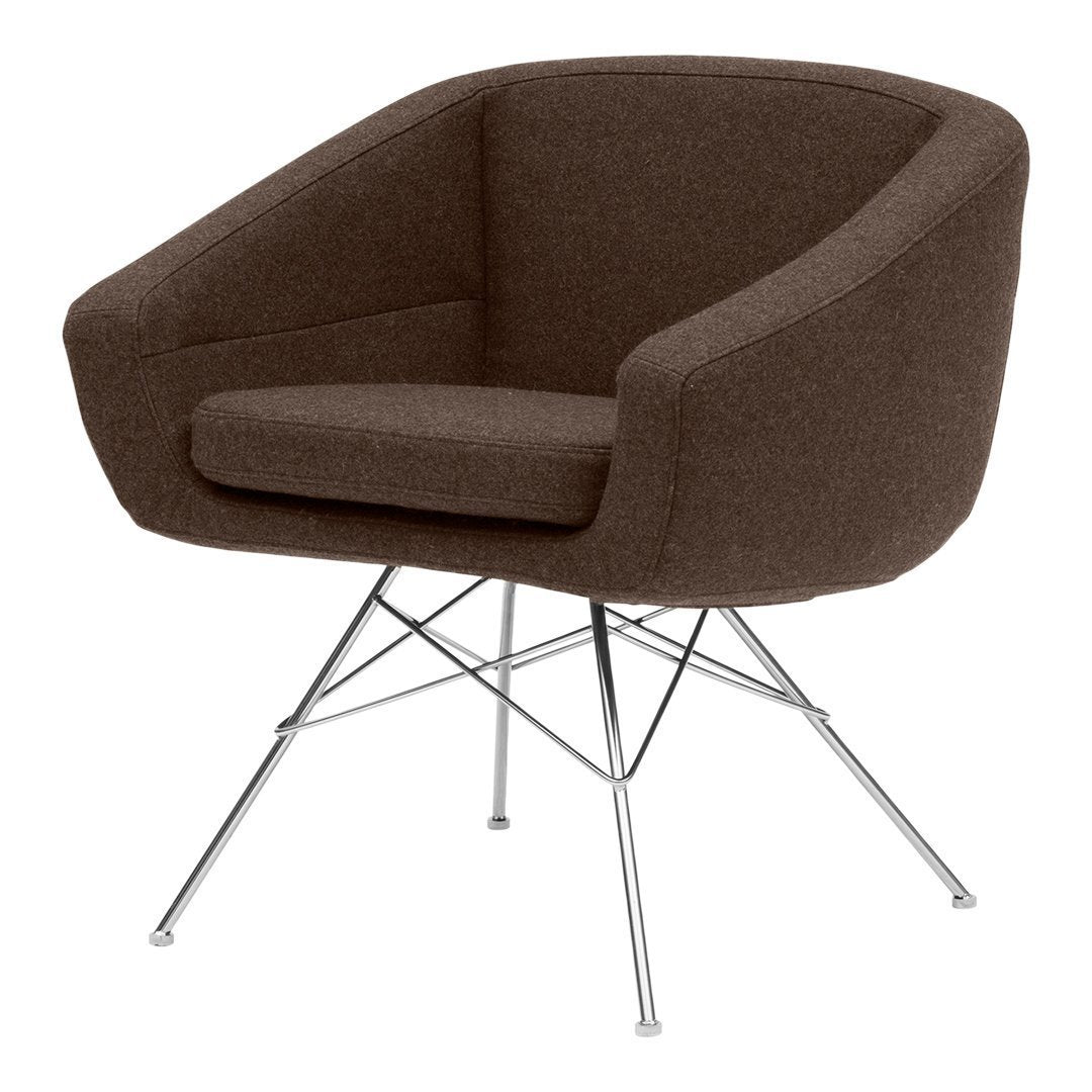 Brown upholstered chair with a smooth, rounded design and chrome legs. Perfect for modern decor.