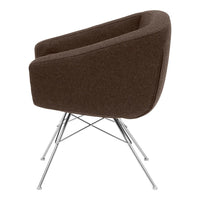 Brown upholstered chair with a smooth texture and chrome legs, featuring a modern, minimalist design.