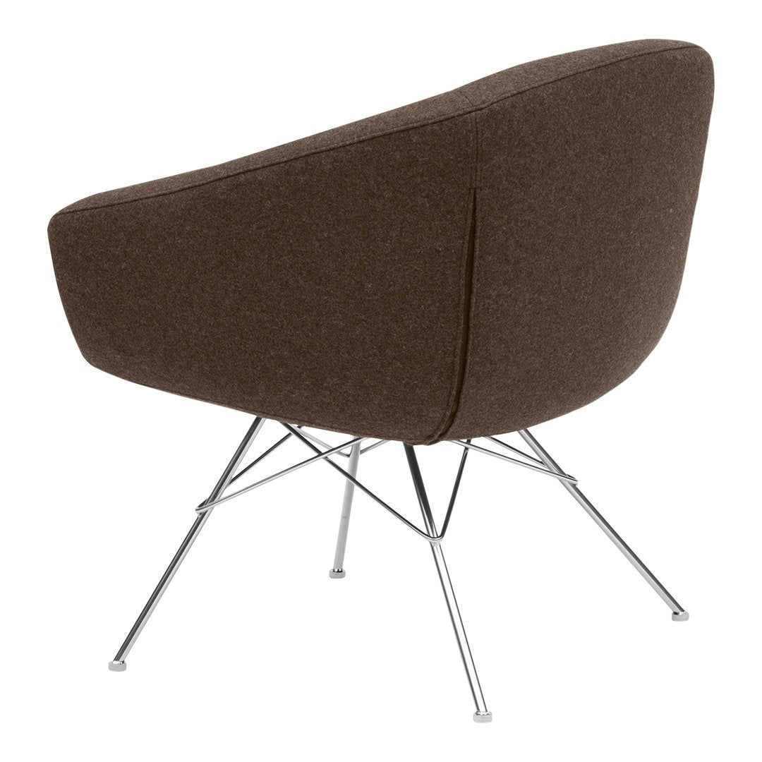 Brown upholstered chair with a textured finish, featuring sleek chrome legs and a modern design.