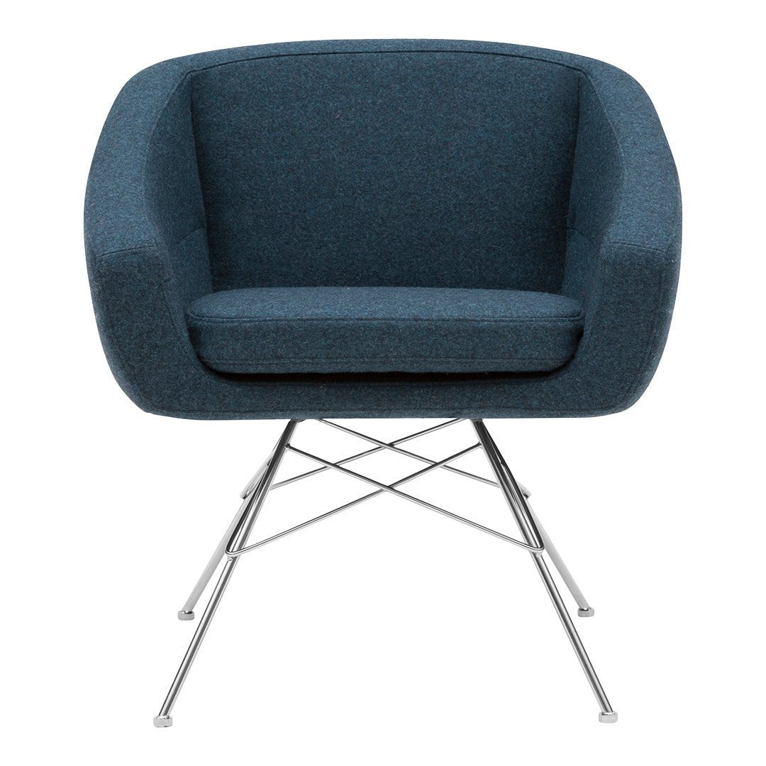 Modern blue upholstered chair with a minimalist design and chrome legs. Perfect for stylish living spaces.