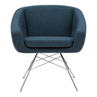 Modern blue upholstered chair with a minimalist design and chrome legs. Perfect for stylish living spaces.