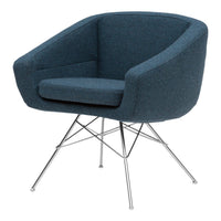 Blue upholstered chair with a textured finish and sleek metal legs, featuring a modern design and curved silhouette.