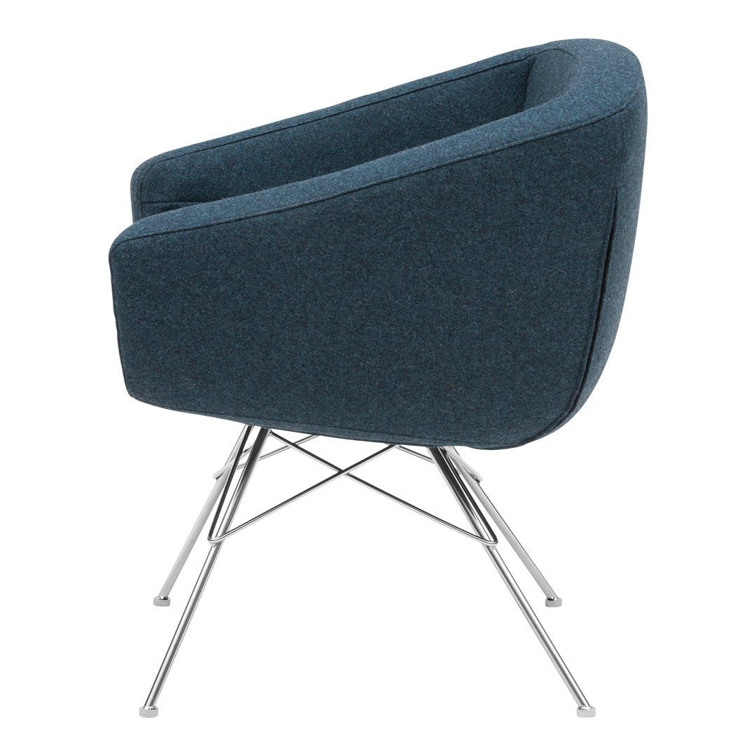 Blue upholstered chair with a modern design and chrome legs, featuring a smooth, solid color pattern.