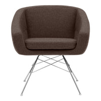 Cozy brown upholstered chair with sleek chrome legs and a minimalist design, perfect for modern decor.