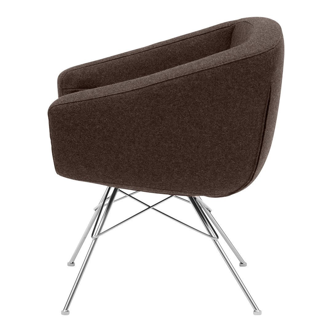 Brown upholstered chair with a sleek chrome base and a modern, curved design for stylish comfort.