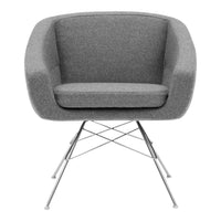 Gray upholstered chair with a smooth fabric finish and sleek chrome legs. Modern design for any living space.