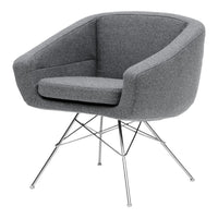 Gray upholstered chair with a sleek, modern design and chrome legs. Simple, contemporary style perfect for any decor.