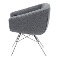 Gray upholstered chair with a smooth, minimalist design and chrome legs for a modern look.