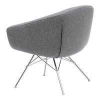 Gray upholstered chair with a sleek, modern design and chrome legs, featuring a smooth, minimalist pattern.