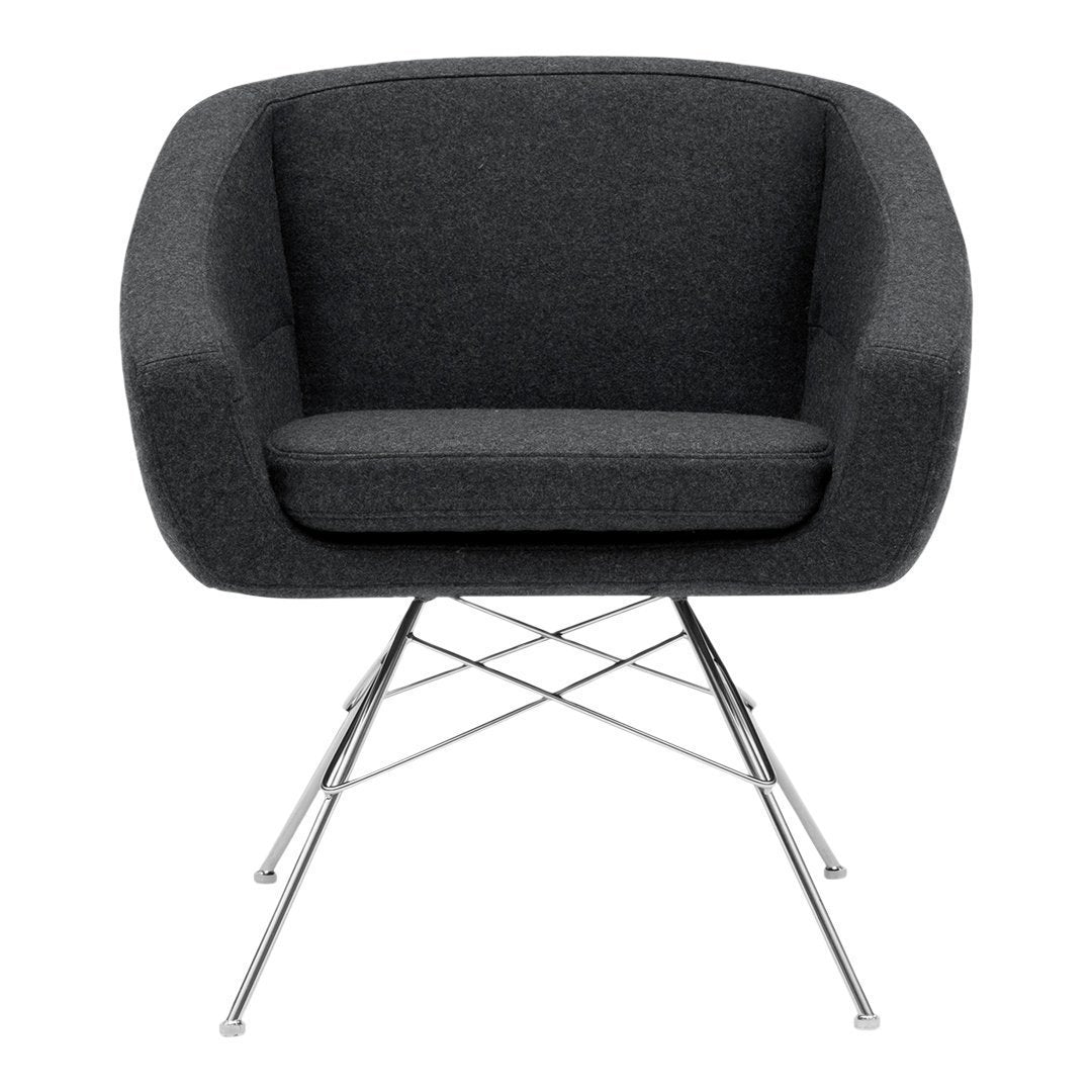 Stylish gray upholstered armchair with a modern tufted pattern and chrome legs, perfect for contemporary interiors.