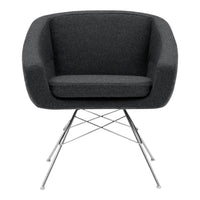 Stylish gray upholstered armchair with a modern tufted pattern and chrome legs, perfect for contemporary interiors.